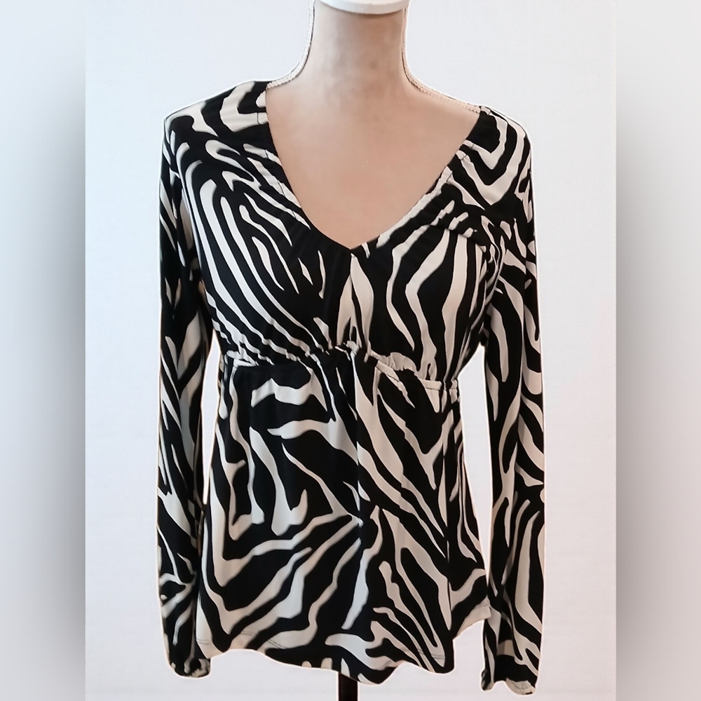 Worthington Babydoll Empire Waist Zebra Stretch Blouse Medium Artsy Bold